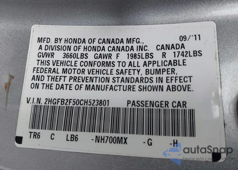 2012 Honda Civic Lx from USA, damaged, VIN 2HGFB2F50CH523801